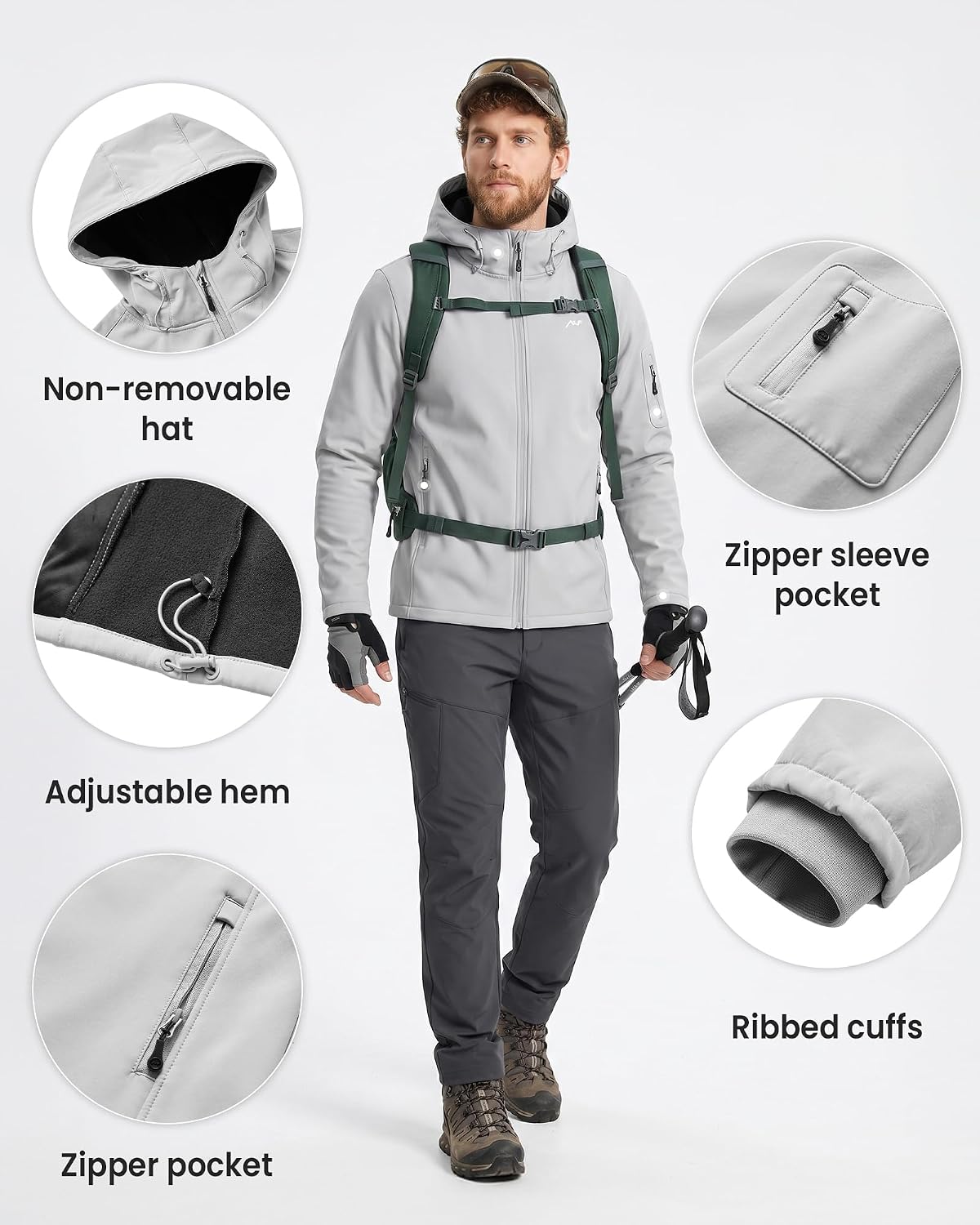 WULFUL Men's Lightweight Softshell Jacket Warm Fleece Lined Windbreaker Waterproof Soft Shell for Outdoor Hiking