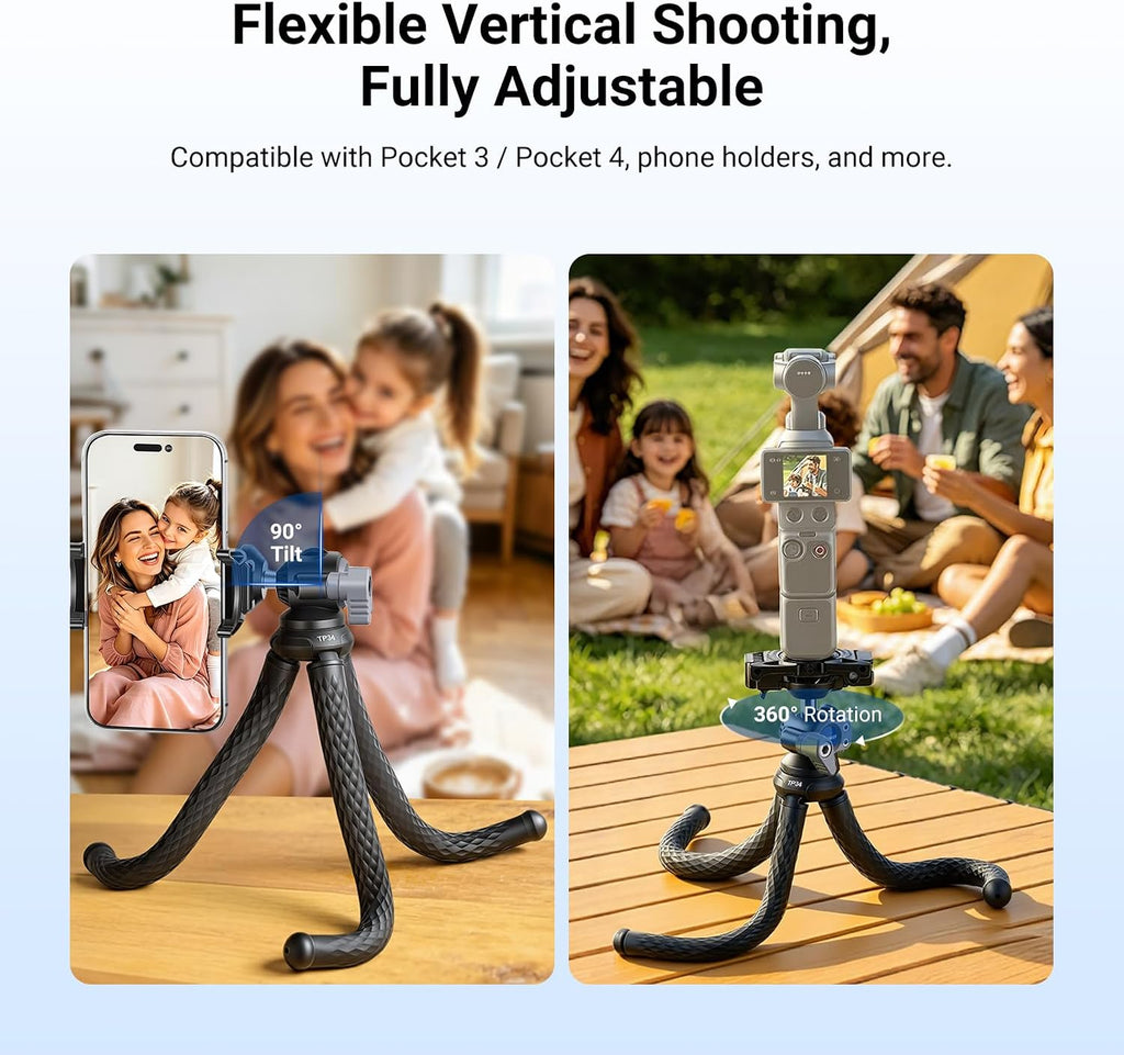 NEEWER Flexible Phone Tripod, Small Mini Camera Webcam Desk Stand, Phone Holder & Action Camera Mount Adapter Compatible with iPhone GoPro DJI Pocket 4 3 Xtra Muse Insta360 for Video Recording, TP34
