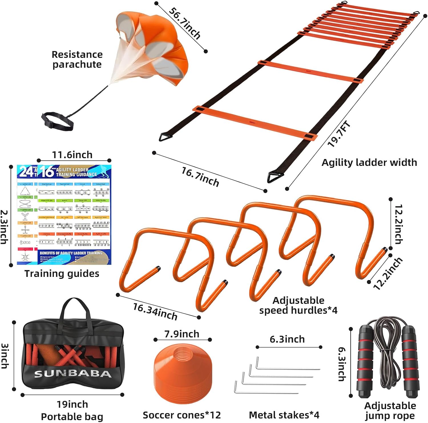 Sunbaba Agility Ladder Speed Training Equipment Set with 20ft Agility Ladder,4 Hurdles,12 Cones,Jump Rope,Running Parachute-Ideal Training Equipment for Youth Adults in Soccer Football Basketball