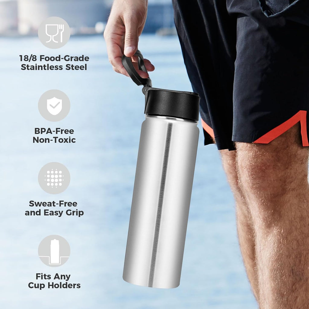 Neihepal 22 oz Insulated Water Bottles Bulk, Double Walled Vacuum Stainless Steel Water Bottle Multipack with Leak Proof Straw Lid for Men, Adults, Kids, Gym, Sports (Silver,4 Pack)