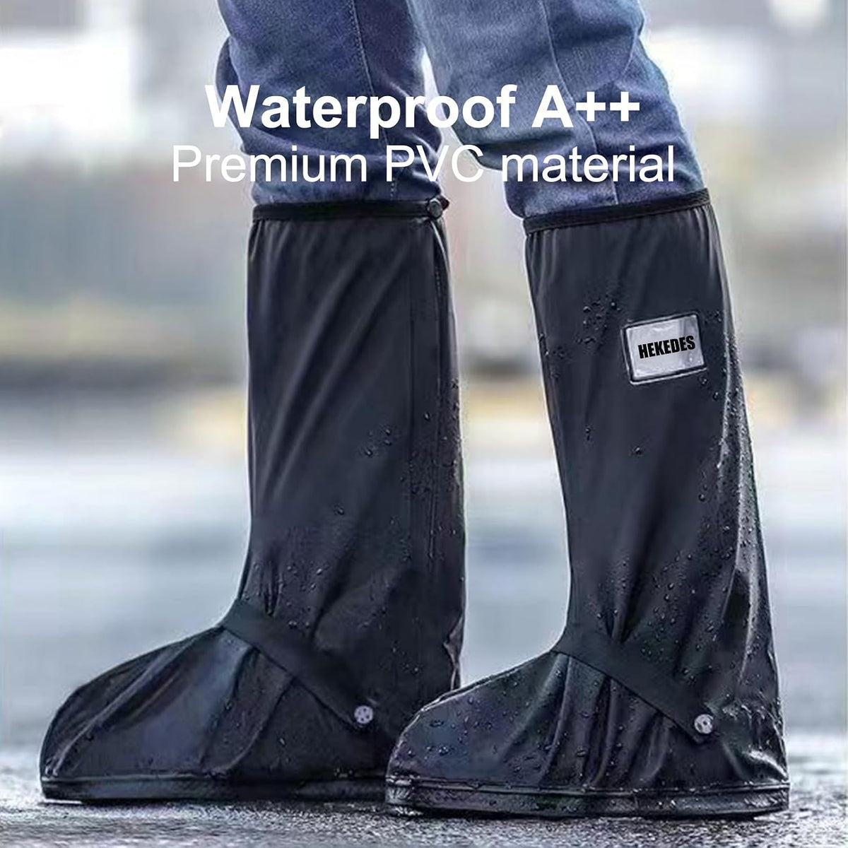 Waterproof Shoe Covers, Reusable & Foldable Rain Boot Shoe Cover with Zipper, Non-Slip, Reflector, Men Women Rain Gear, Black