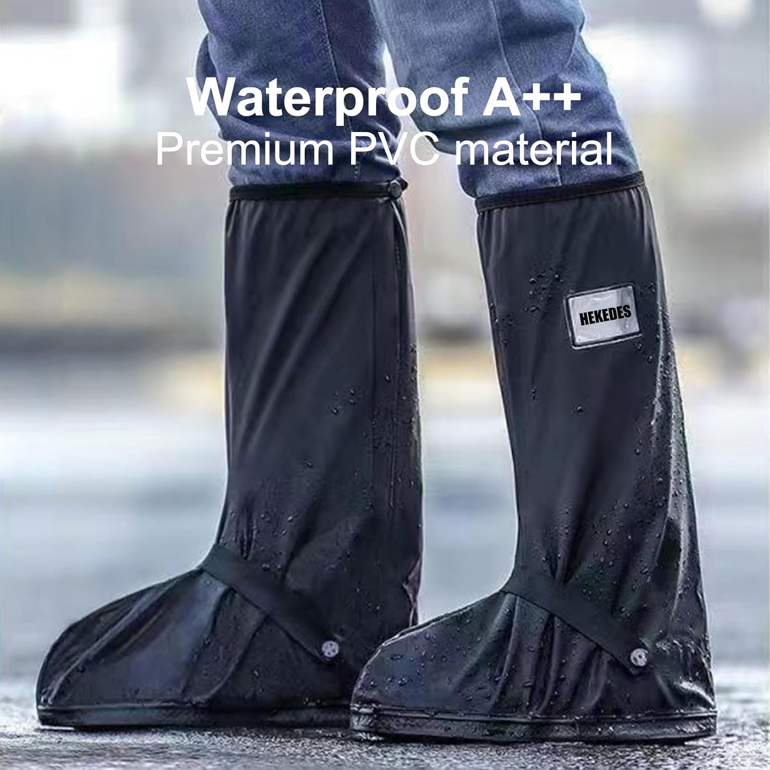 Waterproof Shoe Covers, Reusable & Foldable Rain Boot Shoe Cover with Zipper, Non-Slip, Reflector, Men Women Rain Gear, Black
