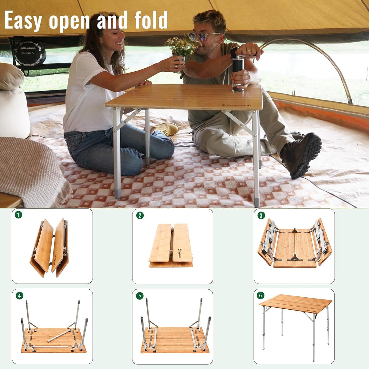 KingCamp Folding Camping Table Bamboo 4-Fold Adjustable Portable Table