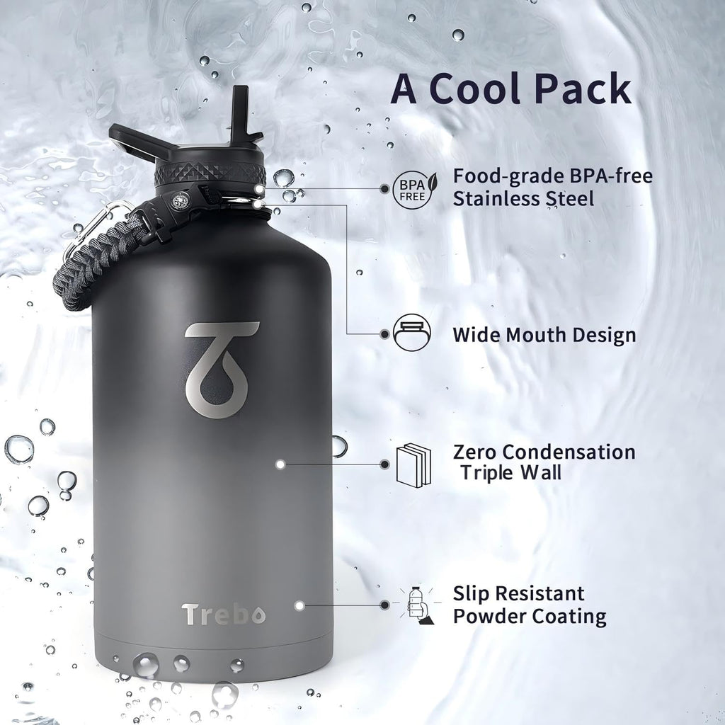 Trebo One Gallon Water Bottle Insulated with 3 Lids, Paracord Handle & Bag