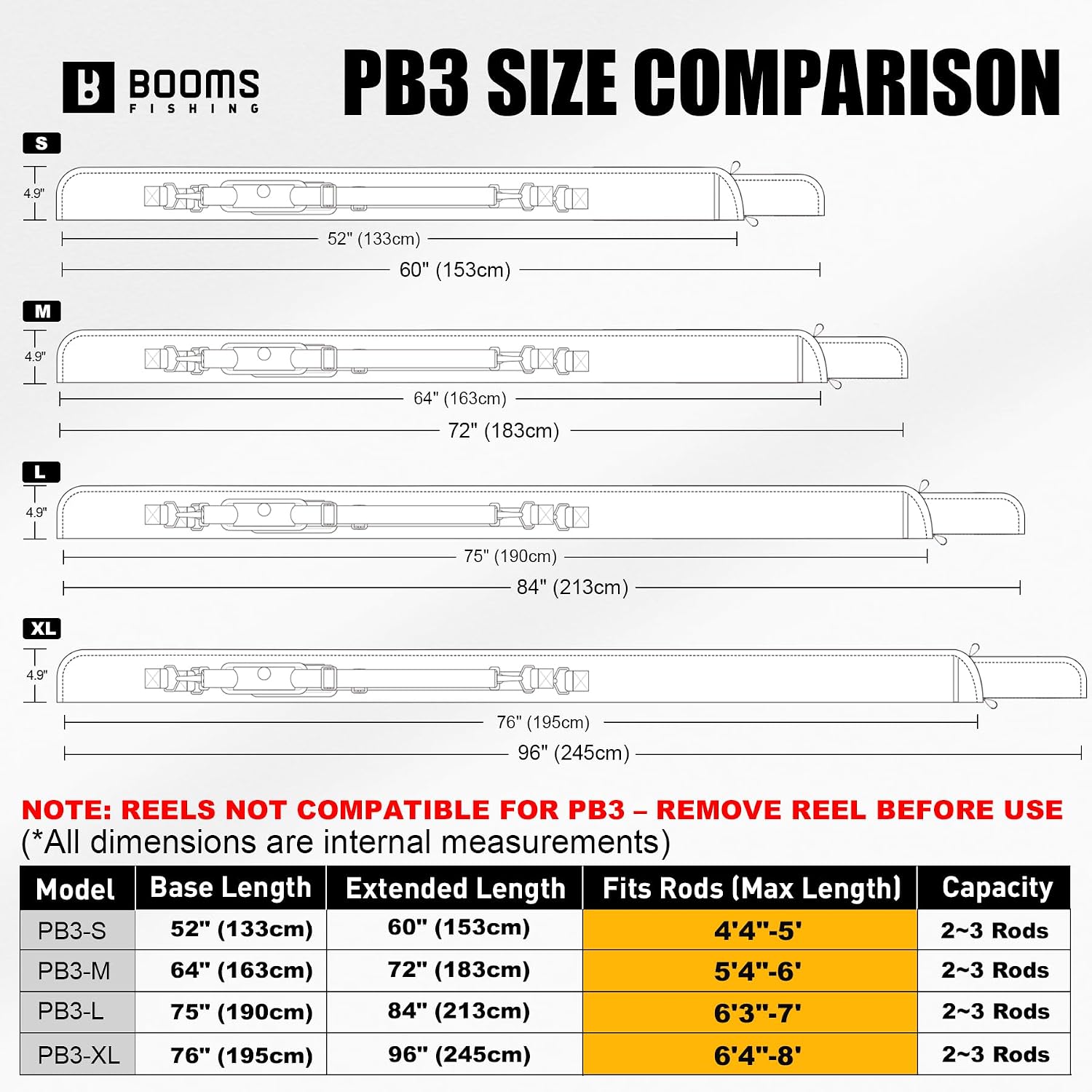 Booms Fishing PB3 4.4ft~5ft Fishing Rod Case, Portable Folded Fishing Pole Case with Sturdy Two-Way Zippers, 0.6ft/8" Extended Design Fishing Rod Bag, Store Up to 2~3 Fishing Poles, 52"~60"