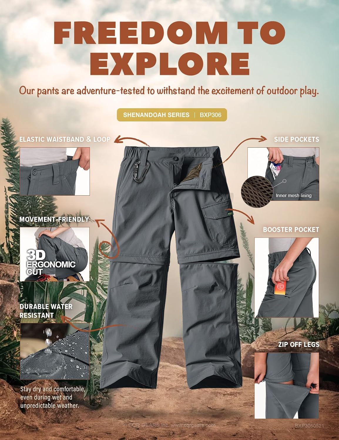 CQR Kids Youth Hiking Cargo Pants, UPF 50+ Quick Dry Convertible Zip Off Pants, Outdoor Camping Pants