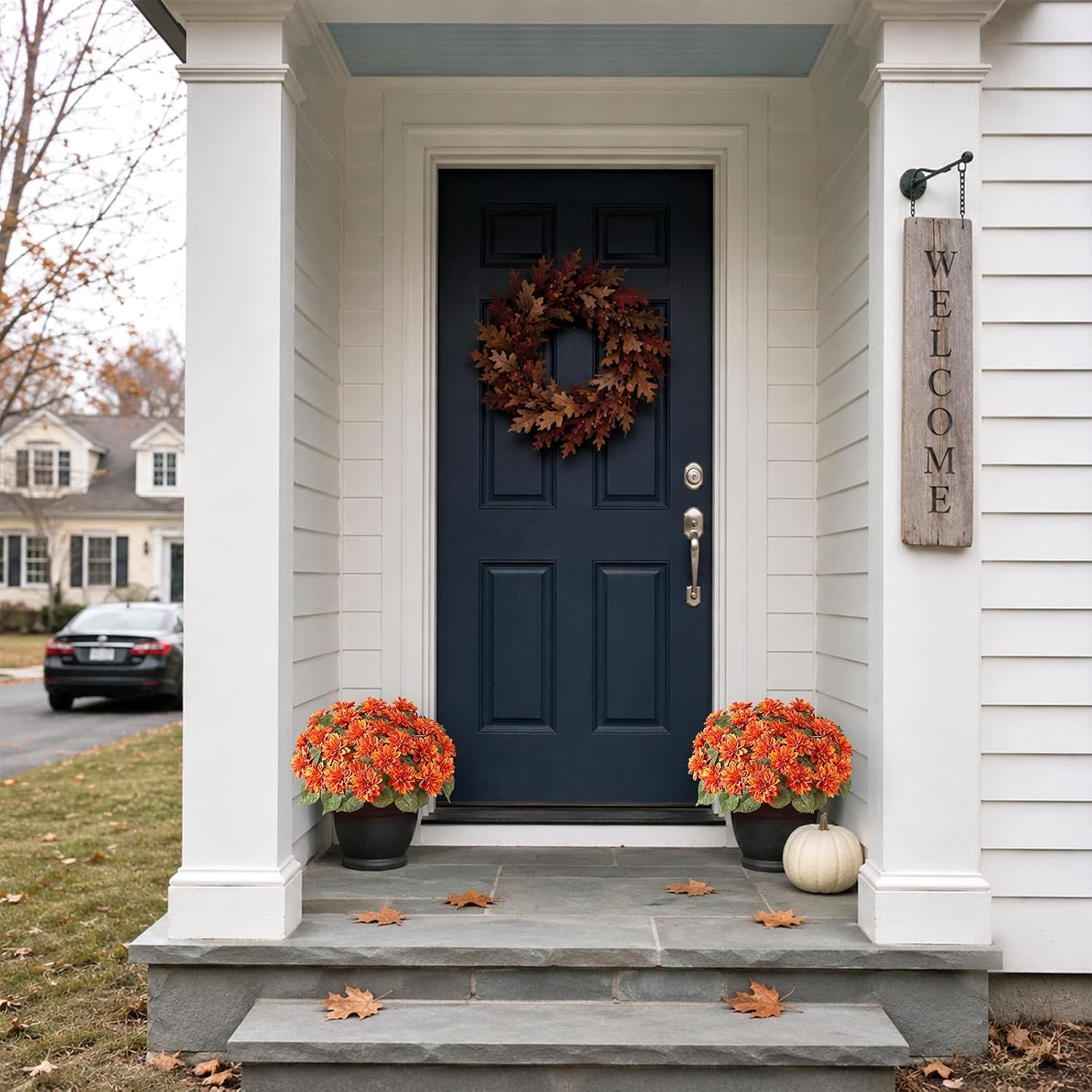 2 Set Fall Artificial Dahlia Topiary Ball Trees for Front Porch (Orange)