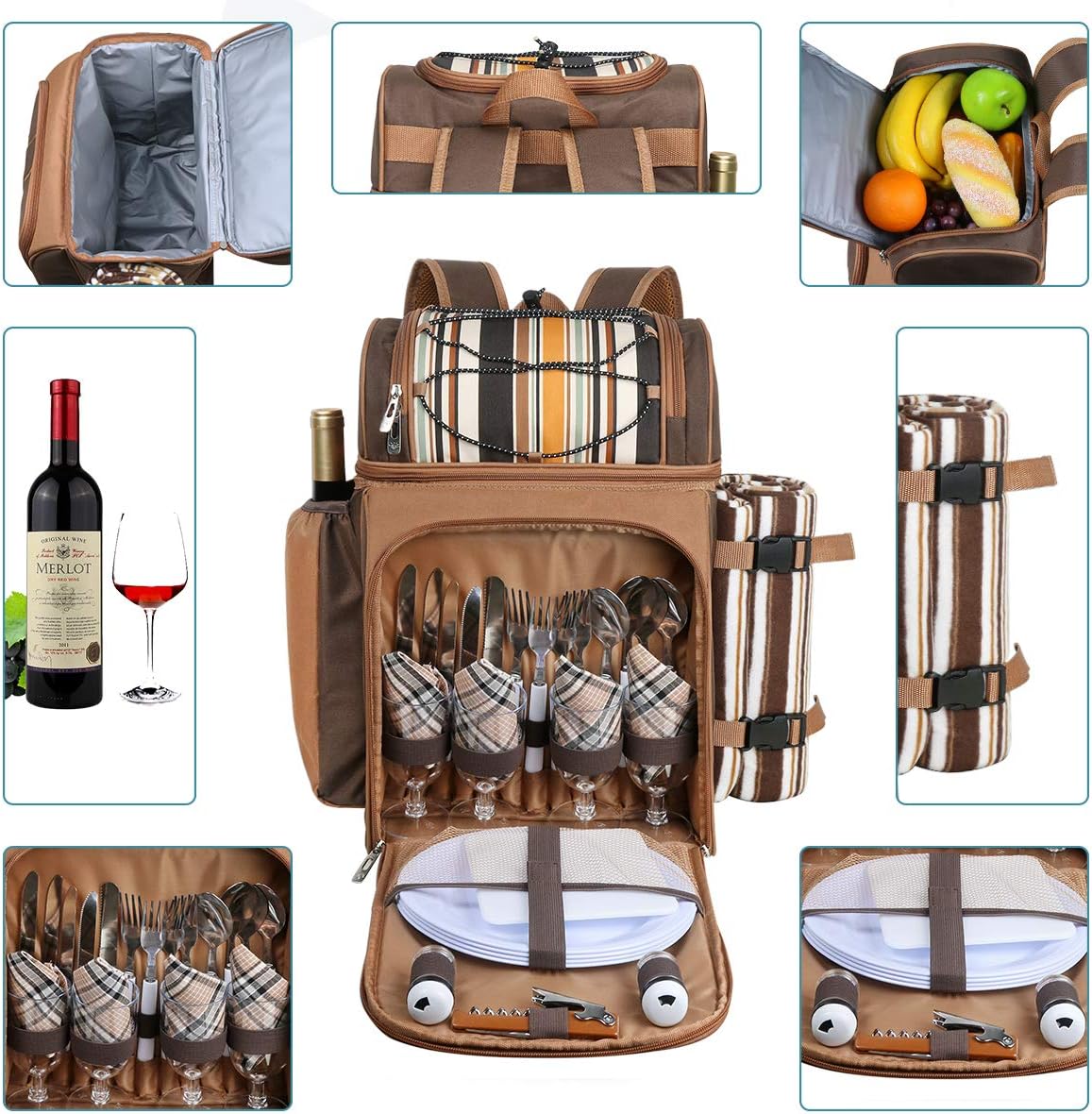 Hap Tim Picnic Basket Backpack for 4 Person with Insulated Leakproof Cooler Compartment, Wine Holder, Fleece Blanket, Cutlery Set, Wedding Gifts for Couples, Engagement Gifts