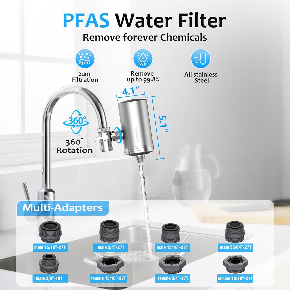 WINGSOL Stainless Steel Water Filter for Sink Faucet, NSF/ANSI 42&53, 360° Rotating Tap Purifier Reduces PFAS, Lead, Chlorine & Microplastics, 350 Gallons Long-Lasting for Kitchen & Bathroom