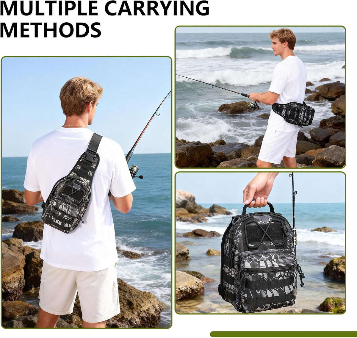 Fishing Backpack Small Fishing Tackle Storage Bag with 3 Methods of Carrying Large Capacity Sling Backpack for Outdoor Hiking Travel Hunting (Pythonskin Black)