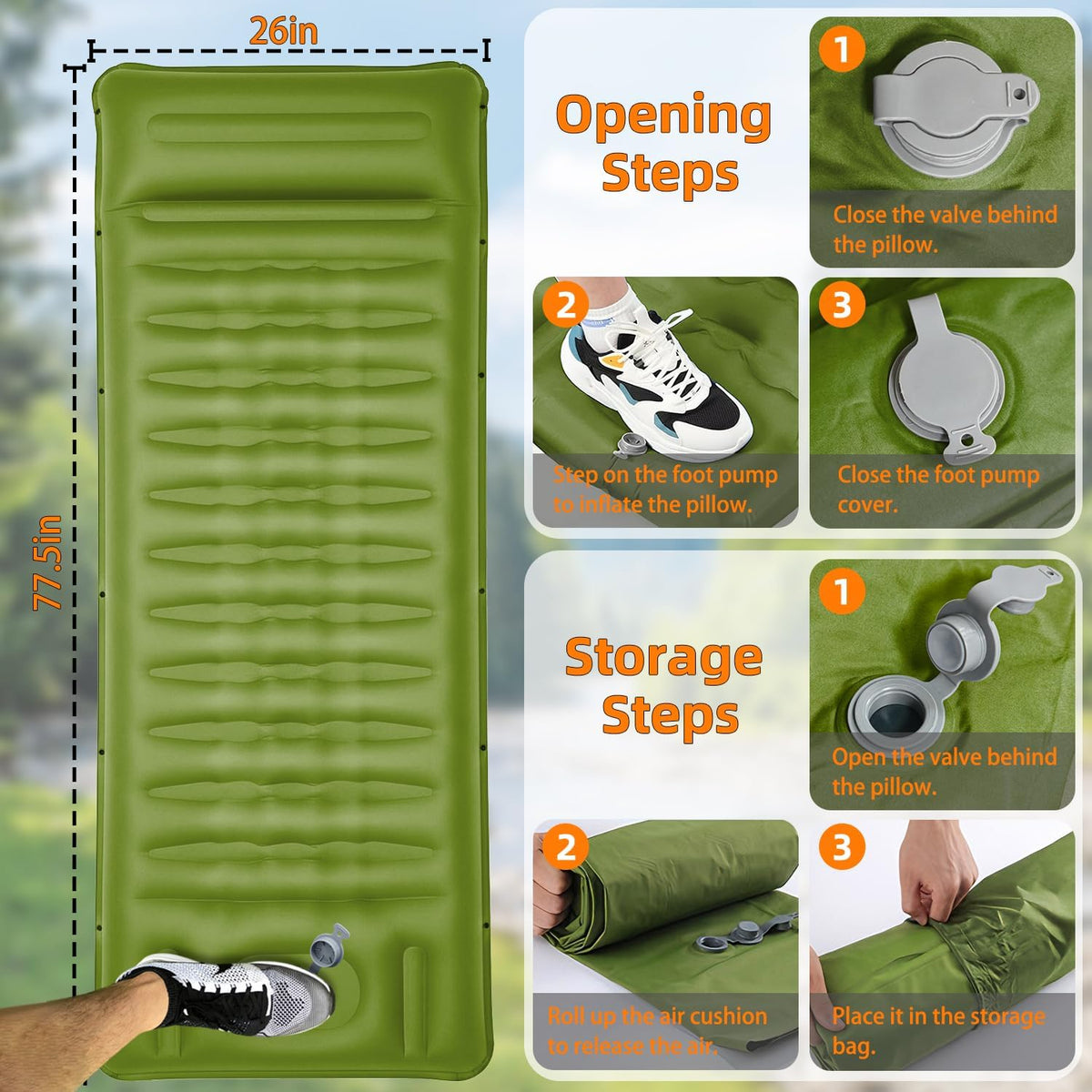 Camping Sleeping Pad, Extra Thick 5 Inch with Built-in Pillow & Foot Pump