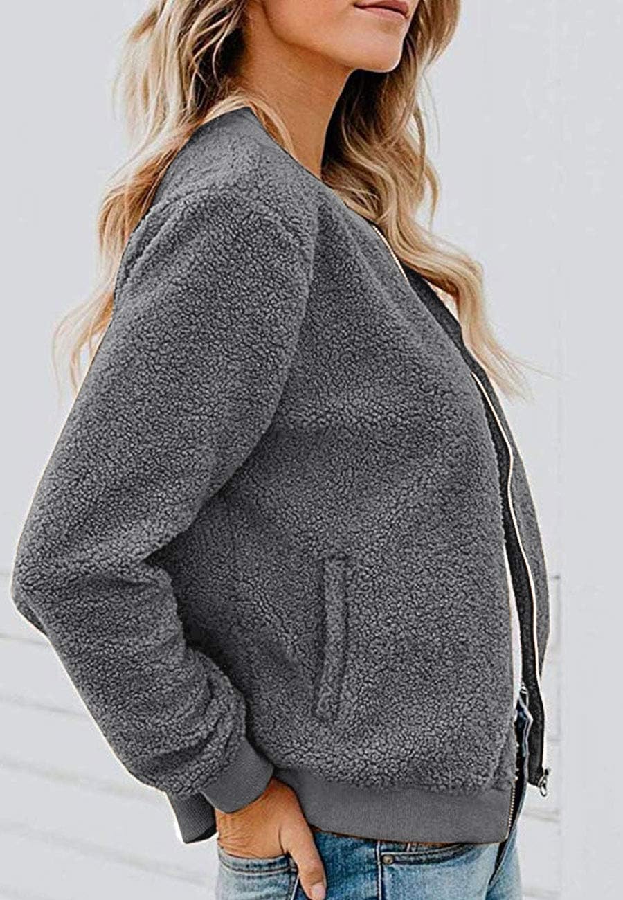 MIROL Women's Fall Fleece Bomber Jacket Trendy Sherpa Winter Coat Fuzzy Casual Long Sleeve Zip Up Loose Fit Jackets