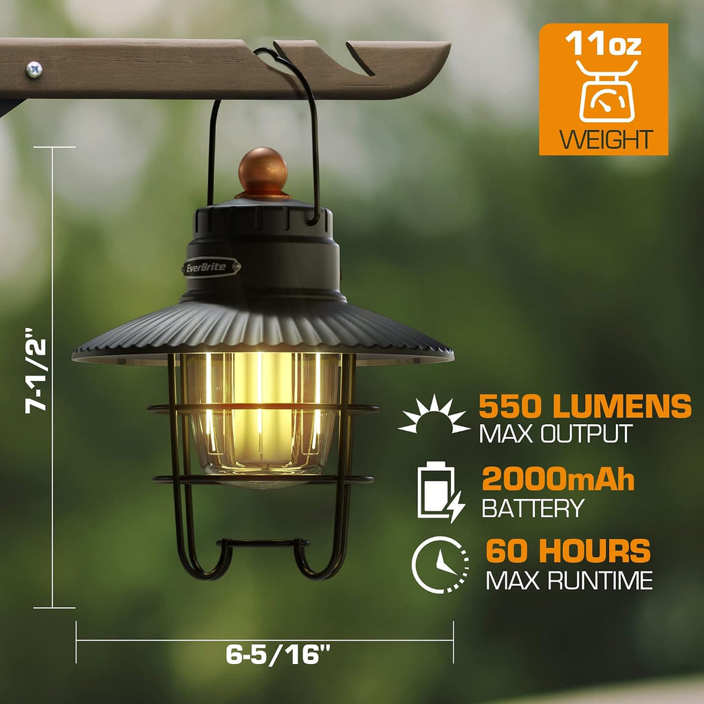 EverBrite LED Camping Lantern Pack of 2, USB C Rechargeable Lantern with 3 Light Modes, Vintage Outdoor Lanterns with Power Bank Function for Power Outages, Hurricane, Emergency, Fishing