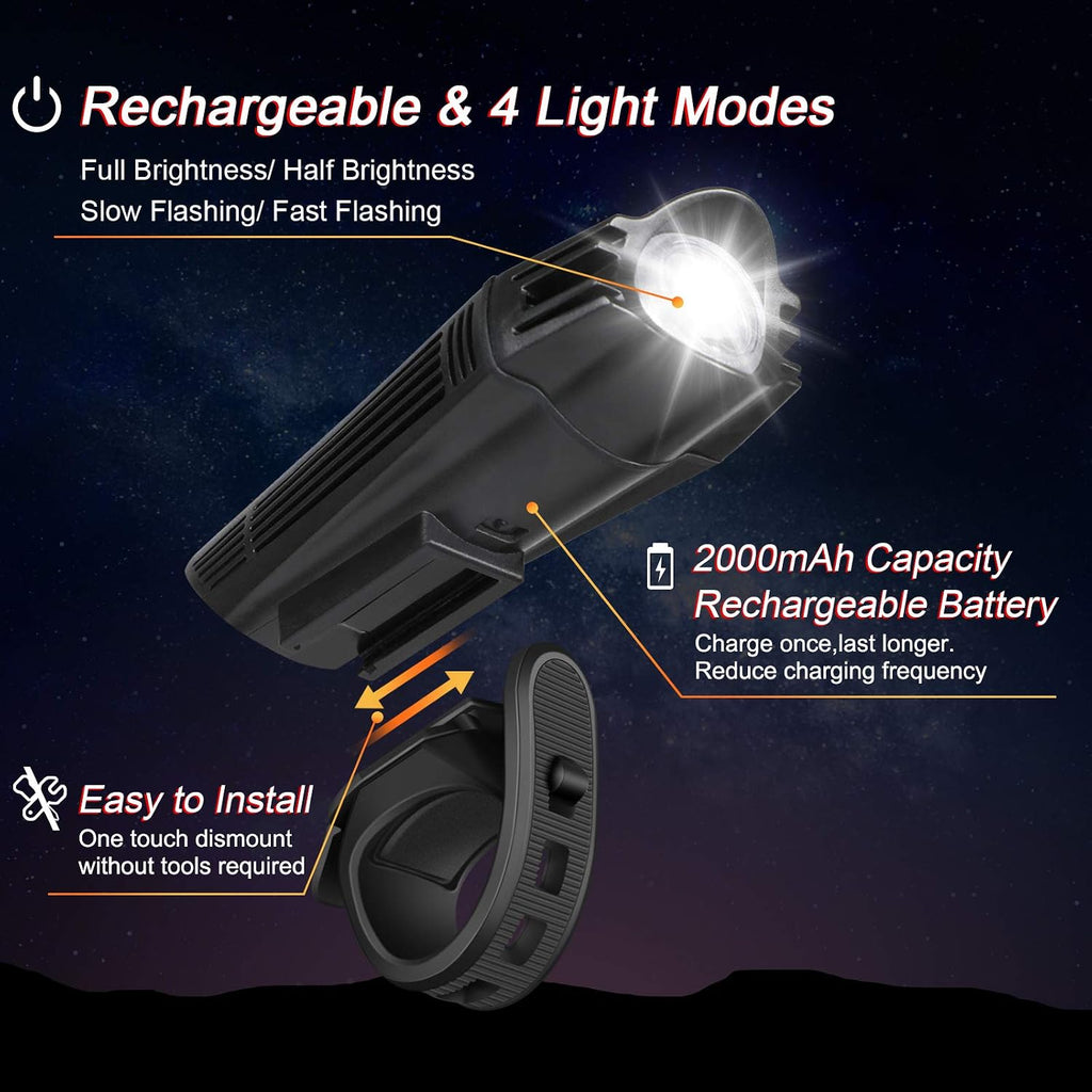 Ascher Ultra Bright USB Rechargeable Bike Light Set, Powerful Bicycle Front Headlight and Back Taillight, 4 Light Modes, Easy to Install for Men Women Kids Road Mountain Cycling