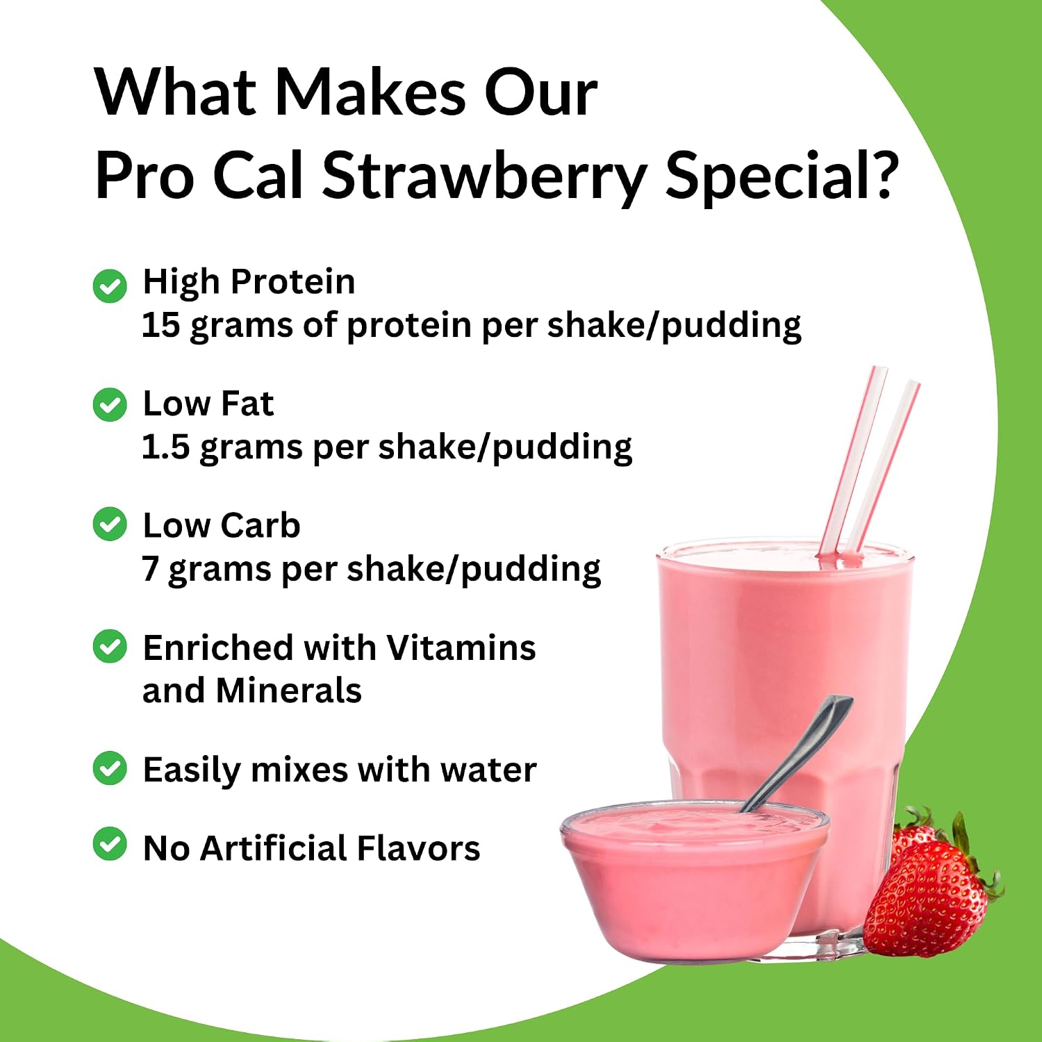 Pro-Cal Strawberry Meal Replacement Powder - High Protein, Low Calorie Shake & Pudding Mix - Low-Carb, Gluten Free - Breakfast Boost - Delicious & Easy to Prepare - 16 Servings, 15.2oz