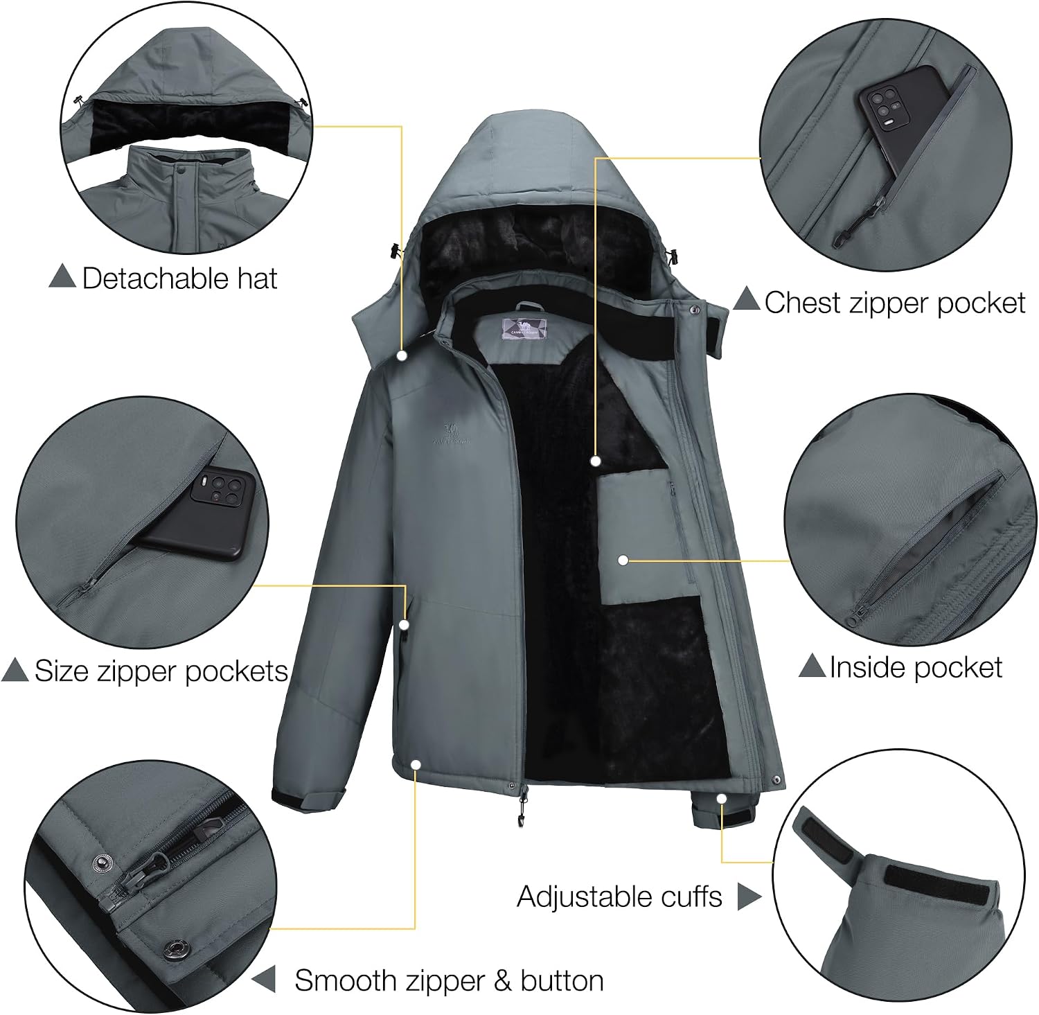 CAMELSPORTS Mens Winter Jacket Waterproof Warm Snow Ski Jackets Faux Fur Fleece Rain Coats with Removable Hood