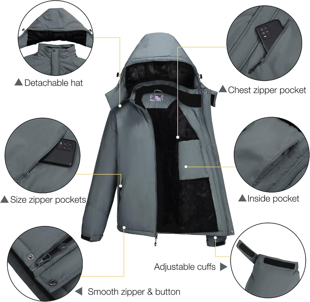 CAMELSPORTS Mens Winter Jacket Waterproof Warm Snow Ski Jackets Faux Fur Fleece Rain Coats with Removable Hood