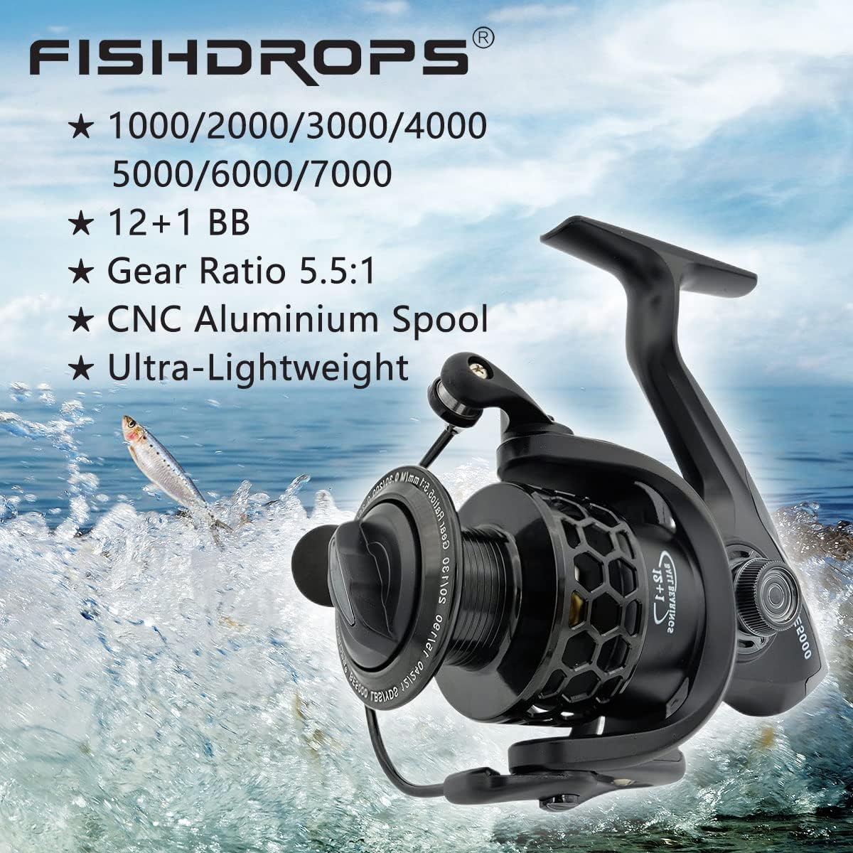 Fishdrops Spinning Fishing Reels 12+1BB Ultra Lightweight Carved Aluminum Spool Reels Affordable Smooth Spinning Reels