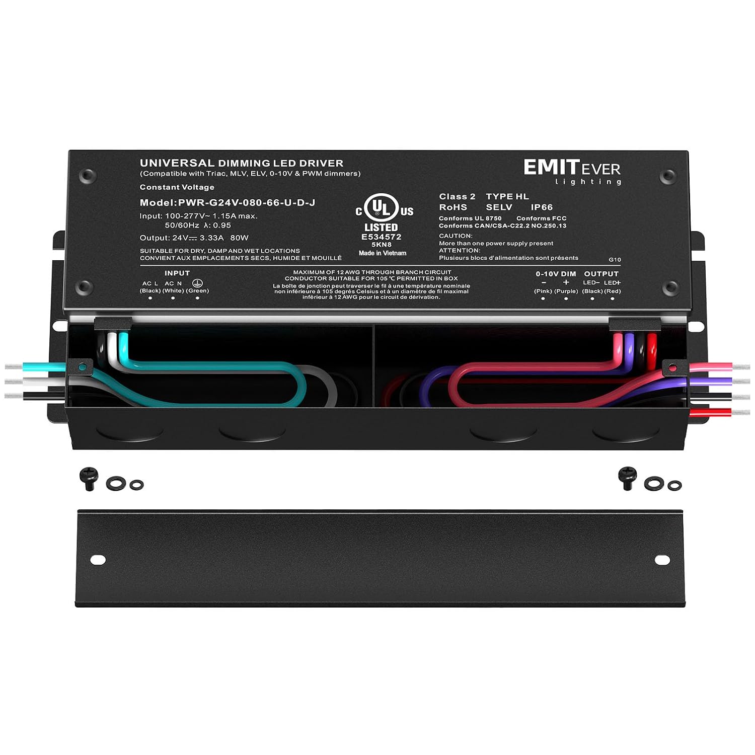 EMITEVER 80W 24V 5-in-1 Dimmable LED Driver,AC 110-277V to DC Power Supply
