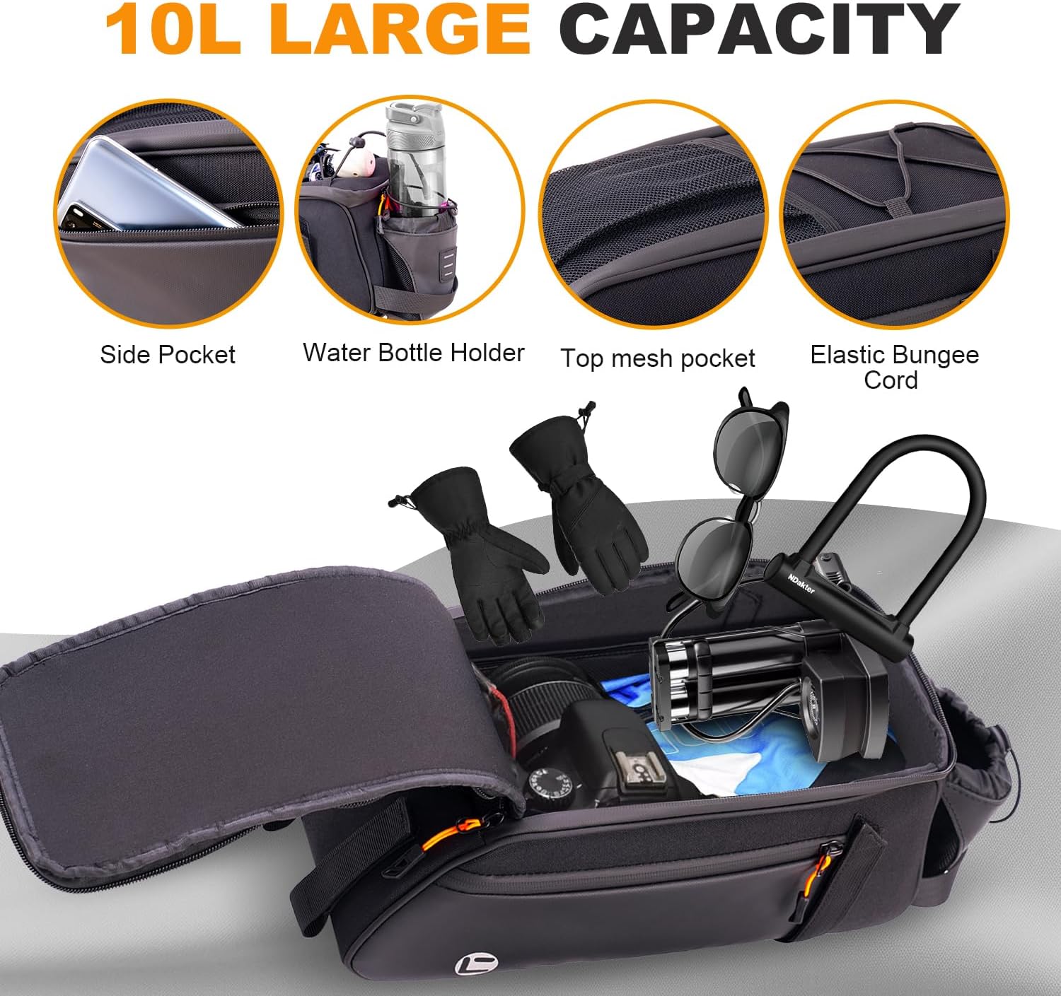 NDakter Bike Bags for Bicycle Rear Rack - 10L Waterproof 3 IN 1 Ebikes Trunk Bag with Water Bottle Holder, Reflective Electric Bike Saddle Panniers with Shoulder Strap for Commuter Travel Outdoor