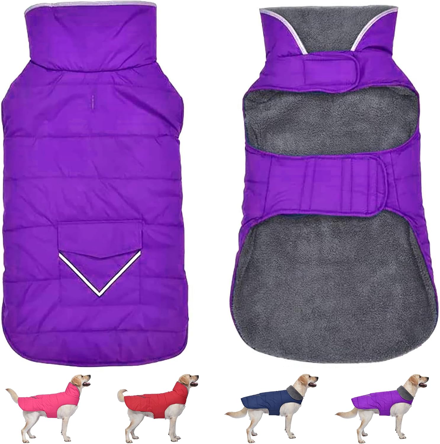 Petglad Dog Coat, Waterproof Dog Winter Jacket with Pocket, Reflective Adjustable Pet Snow Vest, Warm Cozy Fleece Sweater for Small Medium Extra Large Dogs - Purple, S