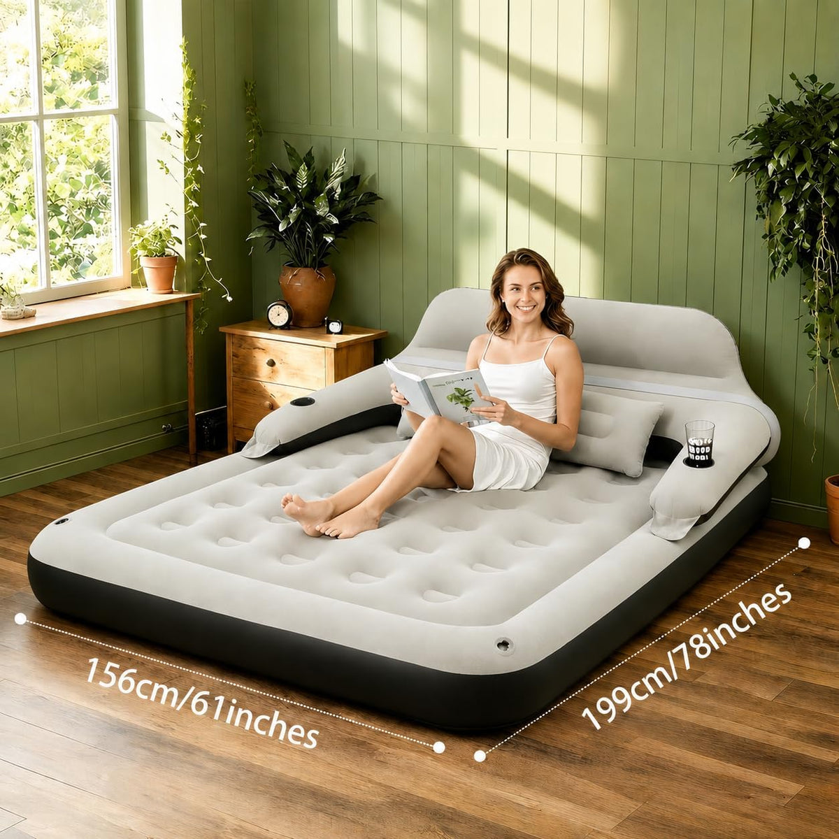 Air Mattress with Headboard and Pillows, Inflatable Blow Up Bed with Flocked Top, Portable Air Bed for Indoor/Outdoor Sleeping Pad for Living Room, Camping, Travel