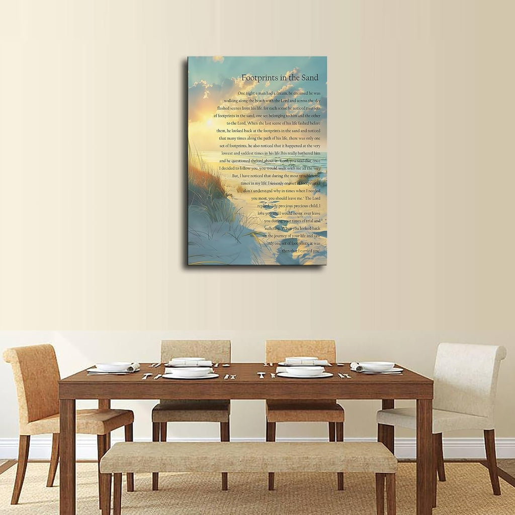 Footprints In The Sand Wall Art Religious Poem Poster Canvas Painting Picture Printing Living Room Bedroom Decoration Framed (16x24inch-Framed)