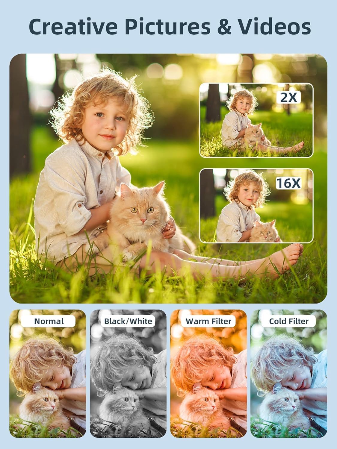 Digital Camera 1080P with 32G Card 16X Zoom Flash Portable for Kid, Black