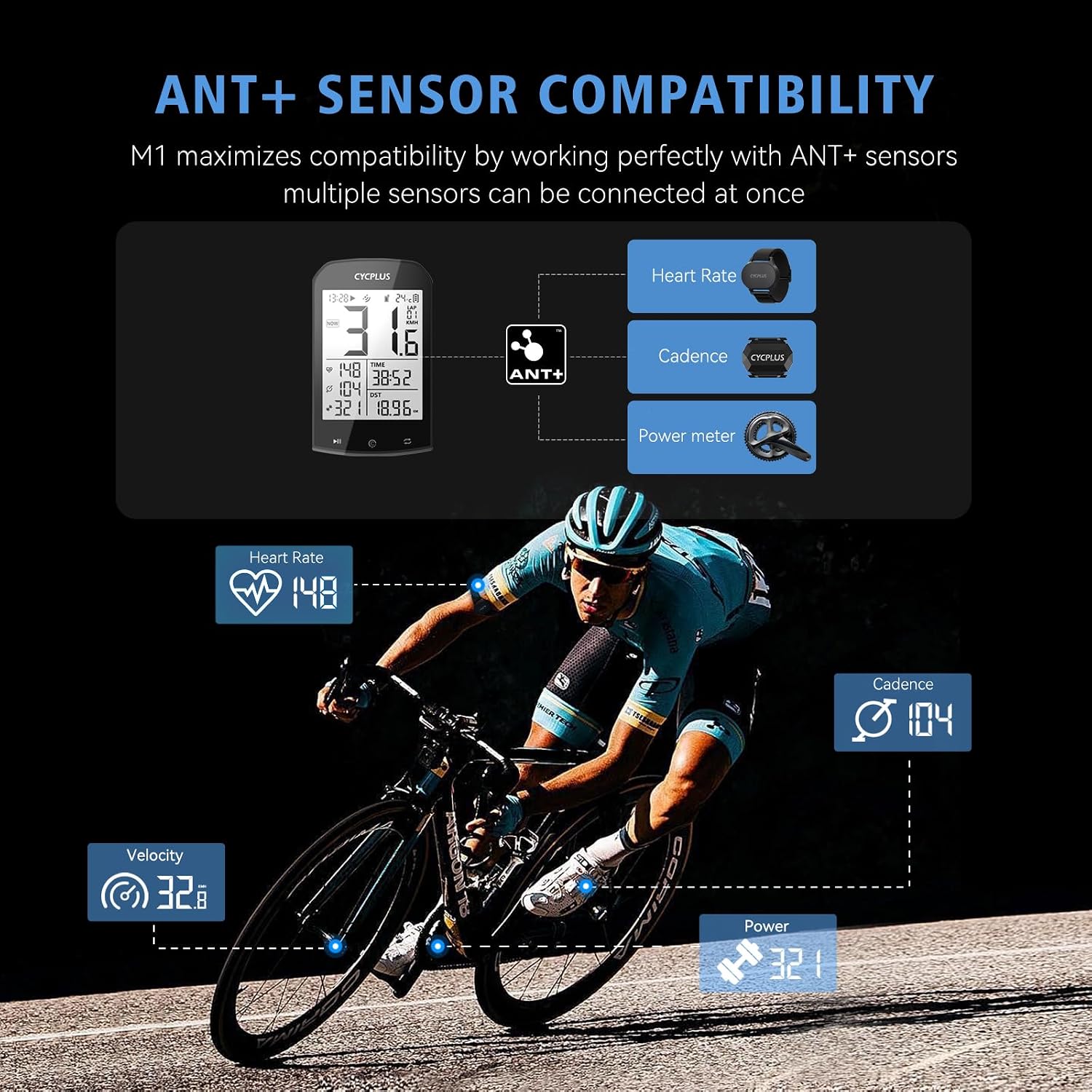 CYCPLUS GPS Wireless Bike Computer M1, 2.9" LCD Screen, IPX6, 1200mAh
