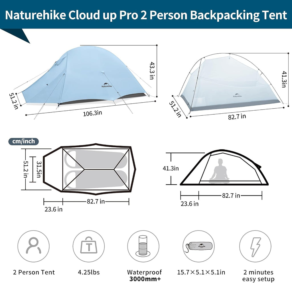 Naturehike Cloud-Up 2 Person Tent Lightweight Backpacking Tent with Footprint - Free Standing Ultralight Camping Hiking Backpack Tents Two Person Tent