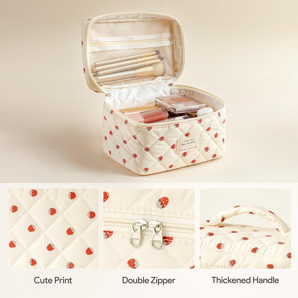 HBselect Quilted Makeup Bag, 3Pcs Cotton Large Travel Makeup Bags Organizer