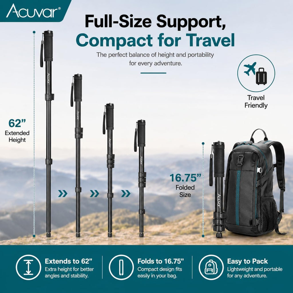 Acuvar 62 Inch Photography Monopod with Safety Strap – Lightweight Aluminum Camera Monopod for Travel & Outdoor Shooting