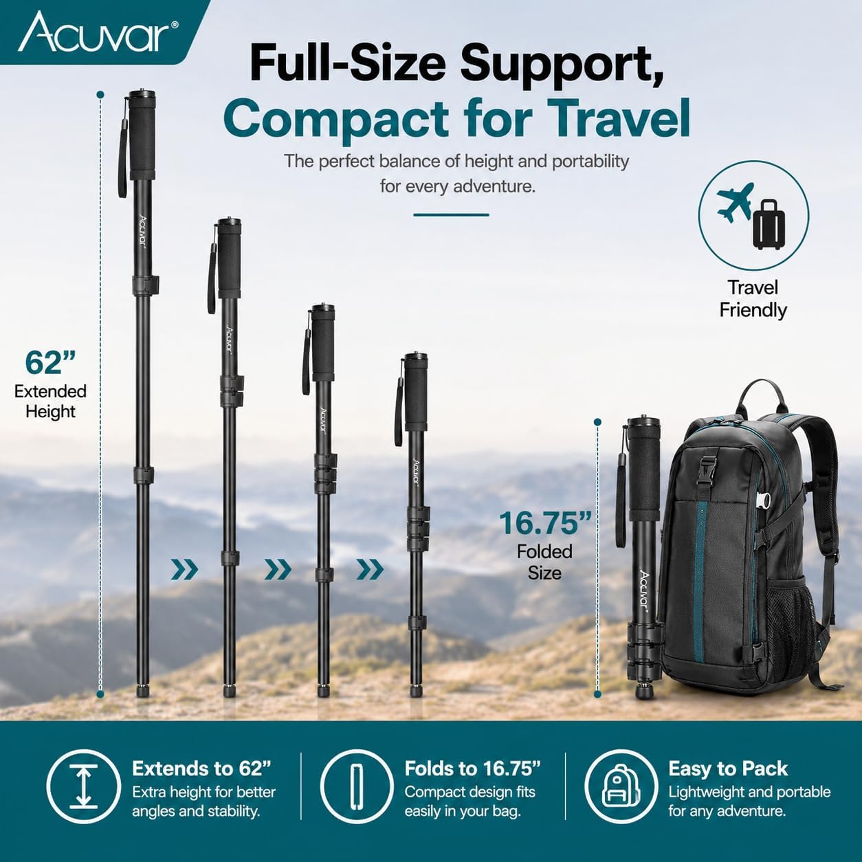 Acuvar 62 Inch Photography Monopod with Safety Strap – Lightweight Aluminum Camera Monopod for Travel & Outdoor Shooting