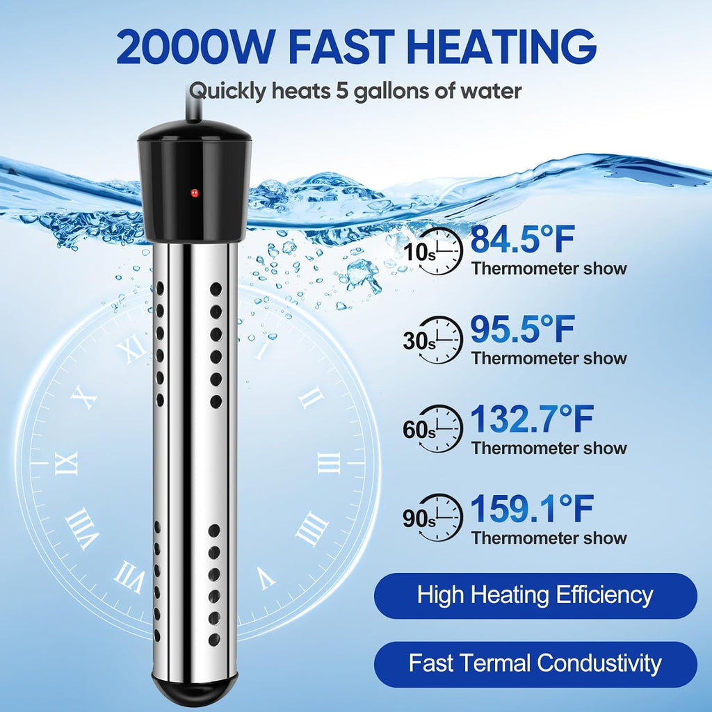 6000mAh Portable Shower for Camping with 2000W Immersion Water Heater – Rechargeable Camp Shower Pump, 4-Mode Filtered Head, LED Display, Outdoor Camping Shower Kit for Travel, Pets & Car Washing