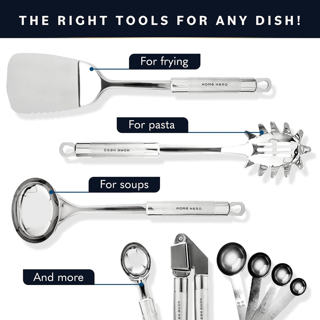 Home Hero 54-Piece Stainless Steel Kitchen Utensils Set - Heat-Resistant Nonstick Silicone & Stainless Steel Cooking Utensils - Complete Tools with Slotted Spoon & Pasta Spoon - Pack of 54, Silver