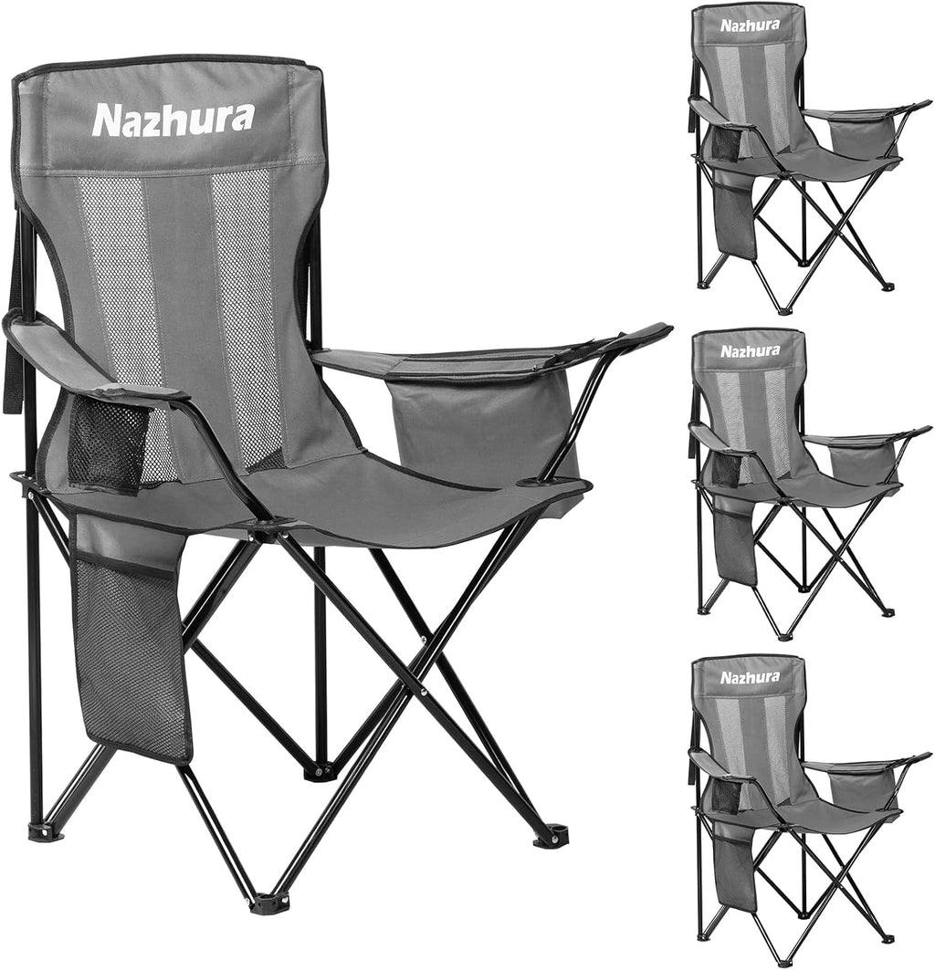 Nazhura 4 Pack Outdoor Camping Chairs Folding/Foldable/Portable with Cooler Pouch, Mesh Backrest and Cup Holder Pocket (Grey, Metal, 4 Pack)