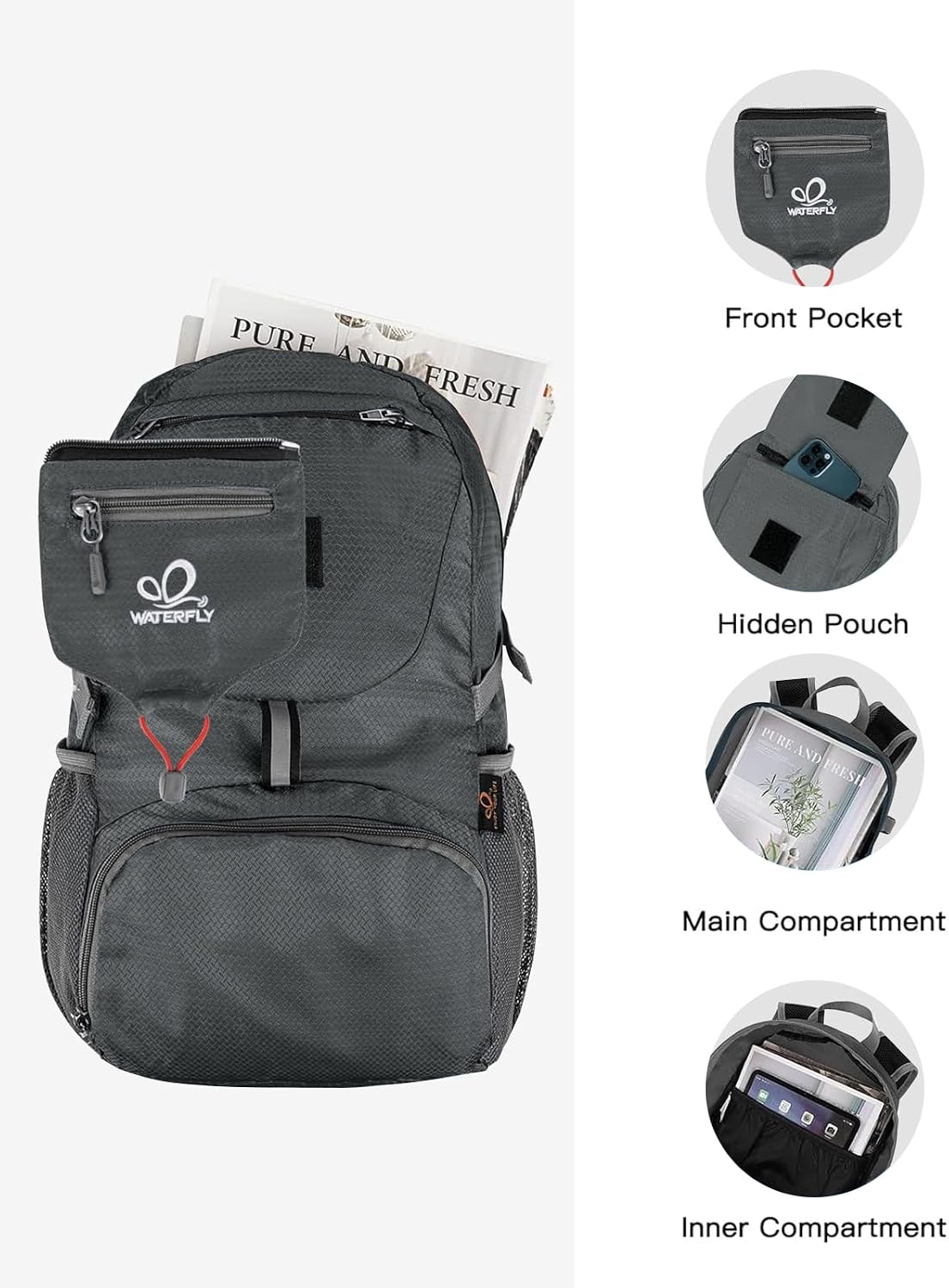 WATERFLY Small Lightweight Packable Backpack: 20l Hiking Daypack Man Woman