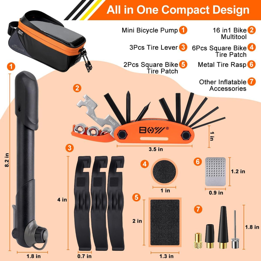 Bicycle Phone Frame Repair Bag with Tire Patch and Inflate Pump - Portable Travel Emergency Tool Kit, Bike Accessories for Adult Bikes with IPX4 Waterproof and Compatible Phone Under 7"