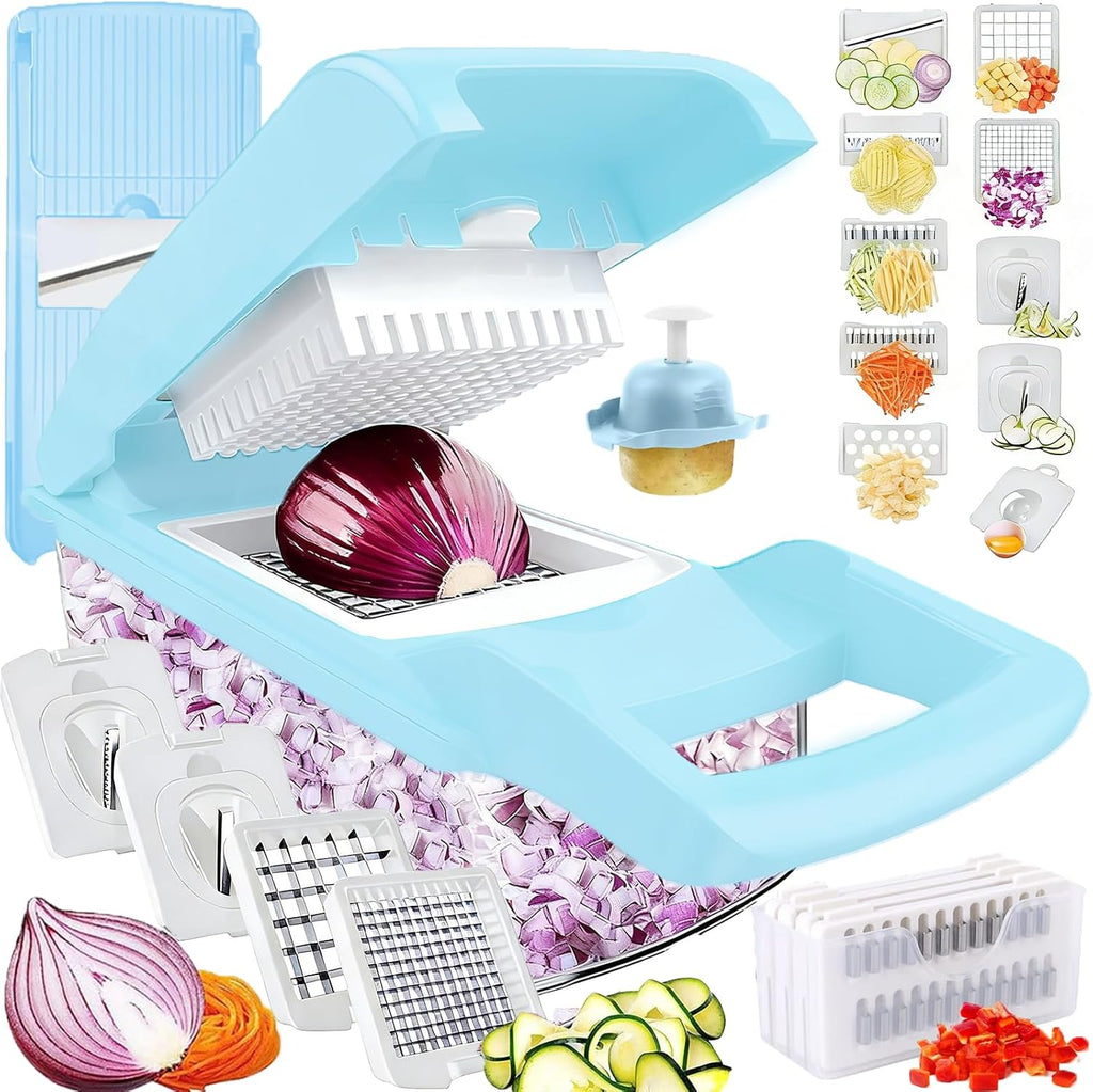 Vegetable Chopper Dicer with Container | Cheese Grater Mandoline Slicer Cabbage Shredder French Fry Cutter Stainless Steel for Veggie Onion Potato Fruit Food, Manual Hand Cooking Gadget for Kitchen