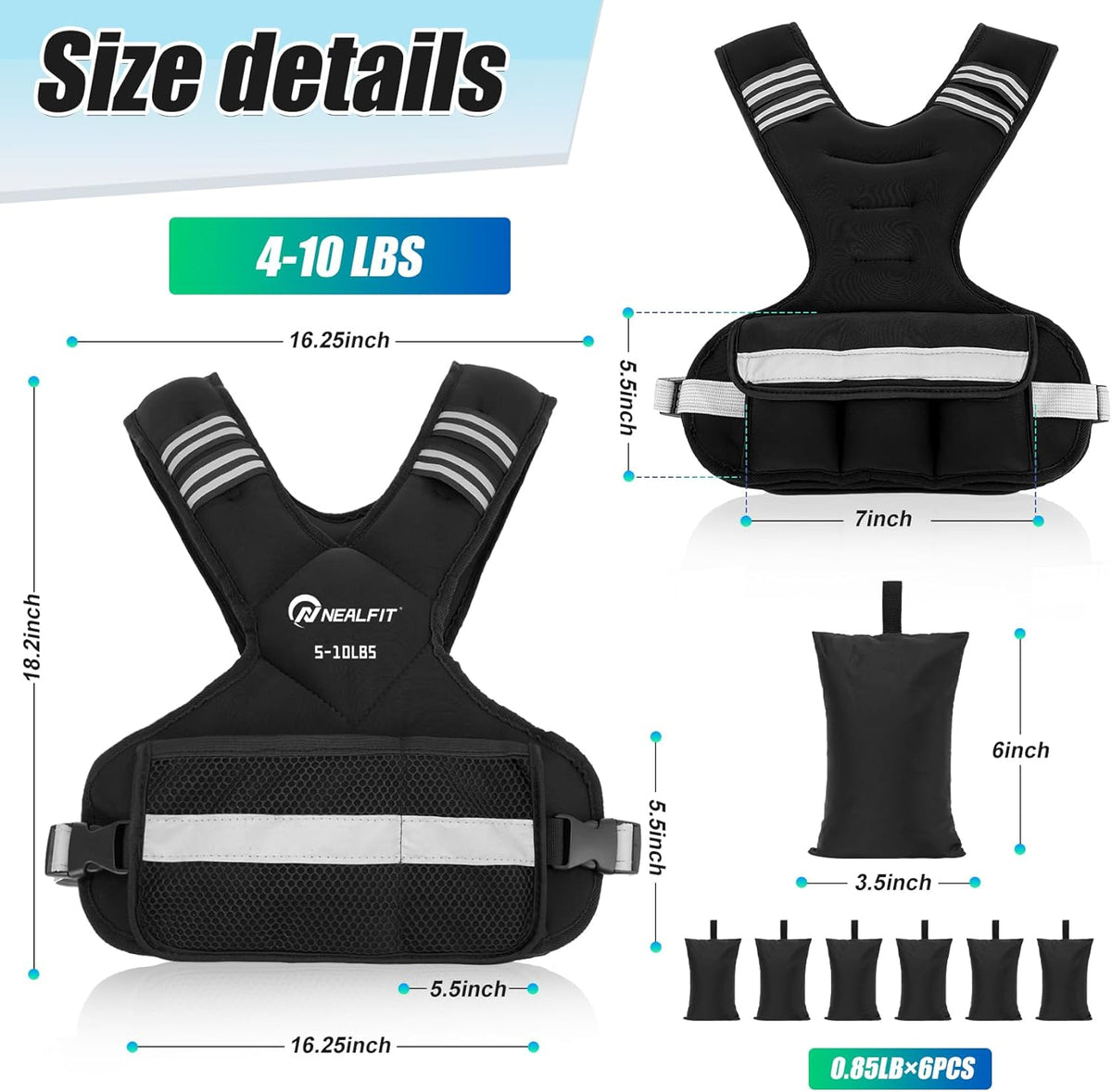 NEALFIT Weighted Vest for Women and Men, 5-10lb/11-20lb/18-30lb Adjustable Weighted Vest with Reflective Strip, Body Weight Vest for Walking, Running, Fitness, Strength Training