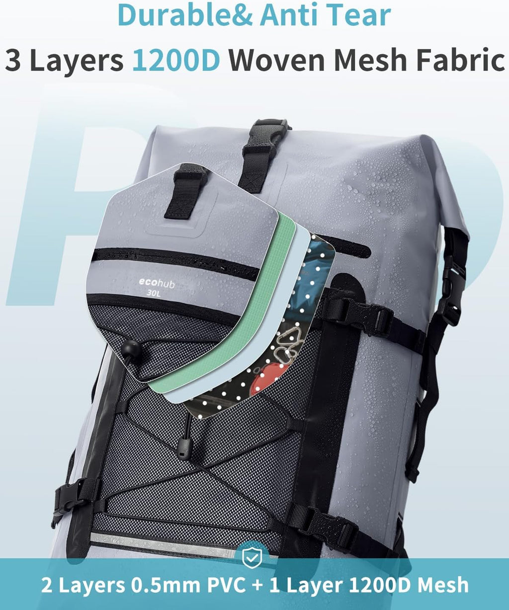 ECOHUB Waterproof Backpack, 30L Roll-Top Closure Heavy Duty Dry Bag