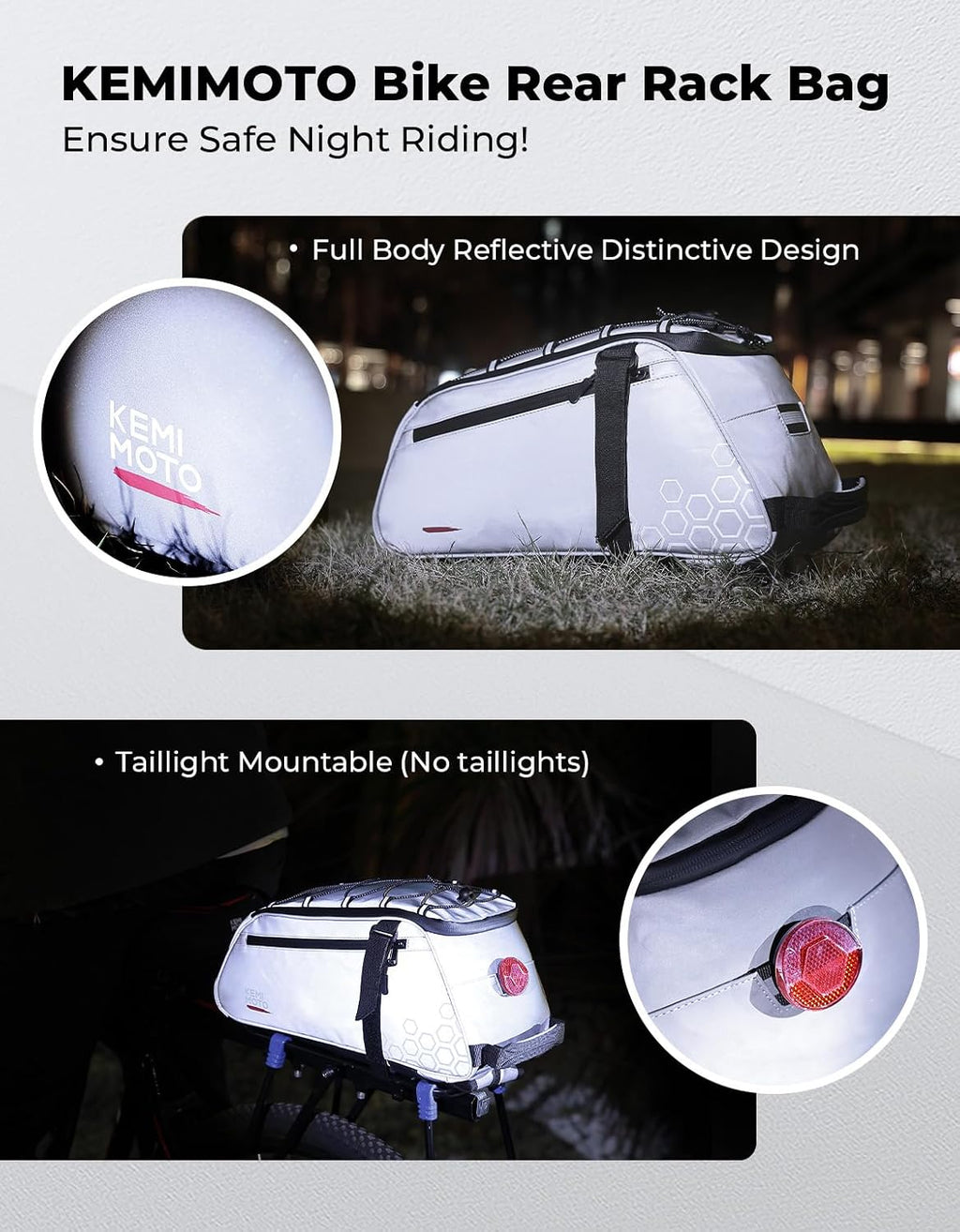 KEMIMOTO Fully Reflective 3-in-1 Rear Bike Bag, 11L Convertible Backpack