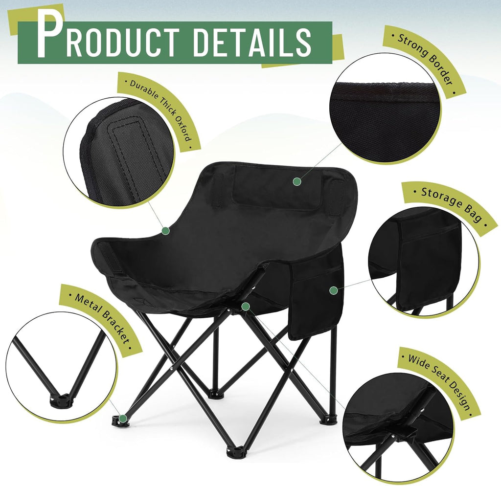 2 Pack Folding Camping Chairs Portable, Black, Solid Color