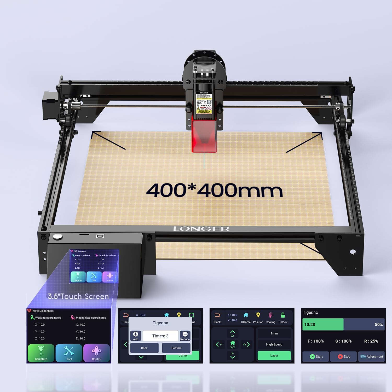Longer RAY5 Laser Engraver with Air Pump,20W Output,24000mm/min High Speed,0.06mm High Precision Laser Engraver and Cutter for Wood,Metal,Acrylic,Cylindrical Objects, Working Area 15.75"x15.75"