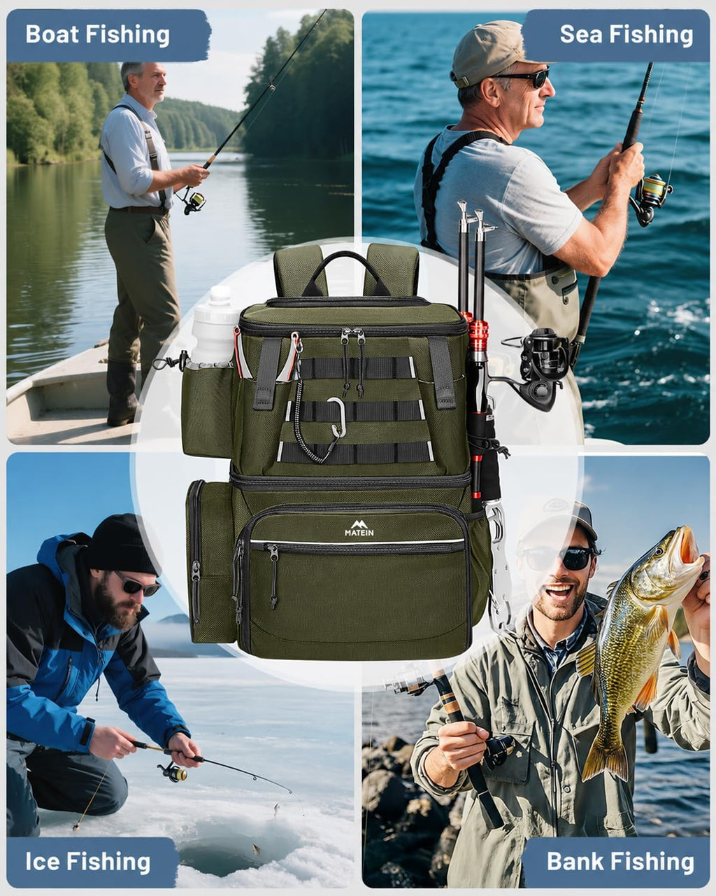 MATEIN Fishing Backpack with 4 Tackle Boxes, Fishing Bag with Rod Holder