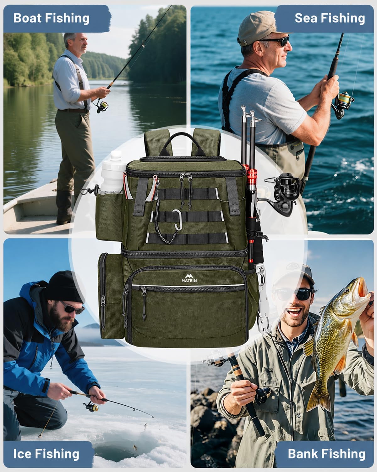 MATEIN Fishing Backpack with 4 Tackle Boxes, Fishing Bag with Rod Holder