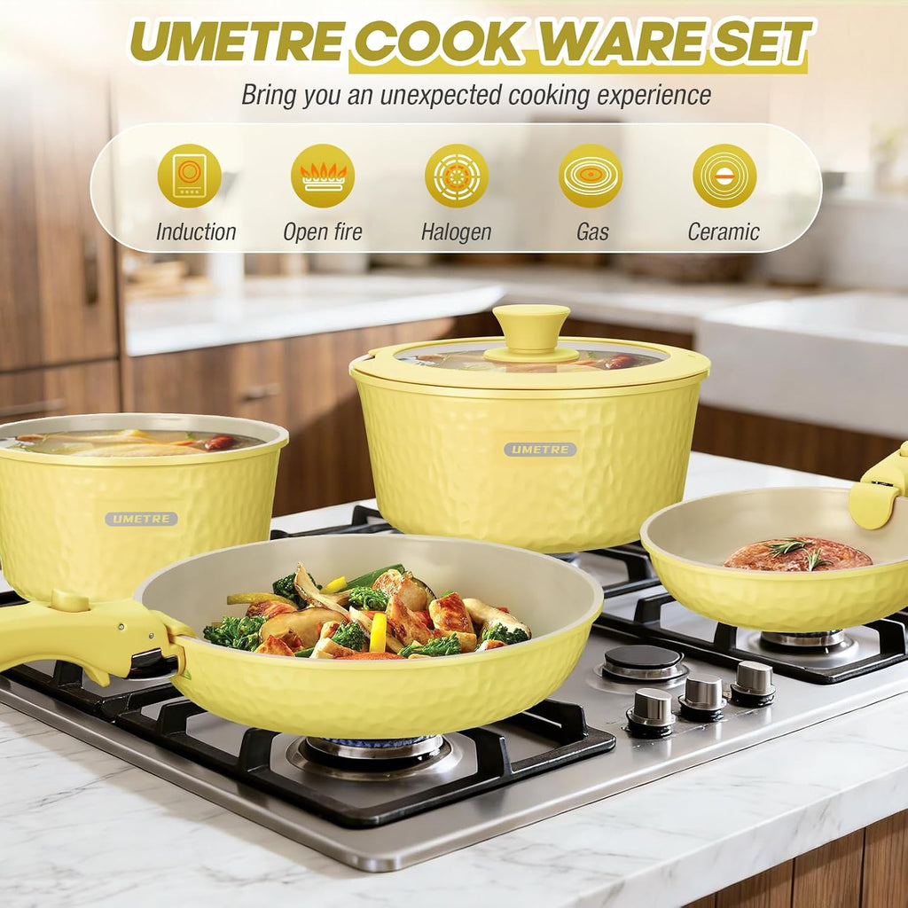 21 Pcs pots and Pans Set, Ceramic Nonstick Cookware Set Detachable Handle, Induction Kitchen Cooking Utensil Set with Removable Handle, Non Stick RV Pans Set, Dishwasher ＆ Oven Safe (yellow)