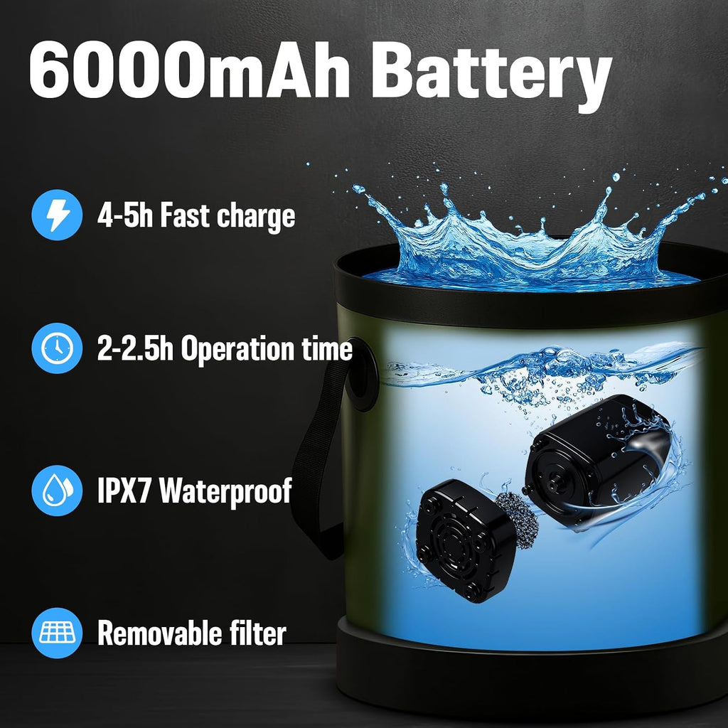 Portable Shower for Camping, 6000mAh Rechargeable Camp Shower Pump with Large Capacity Foldable Bucket, Filtered Shower Head, Outdoor Camping Shower Kit for Travel, Pet Bath, Car Washing