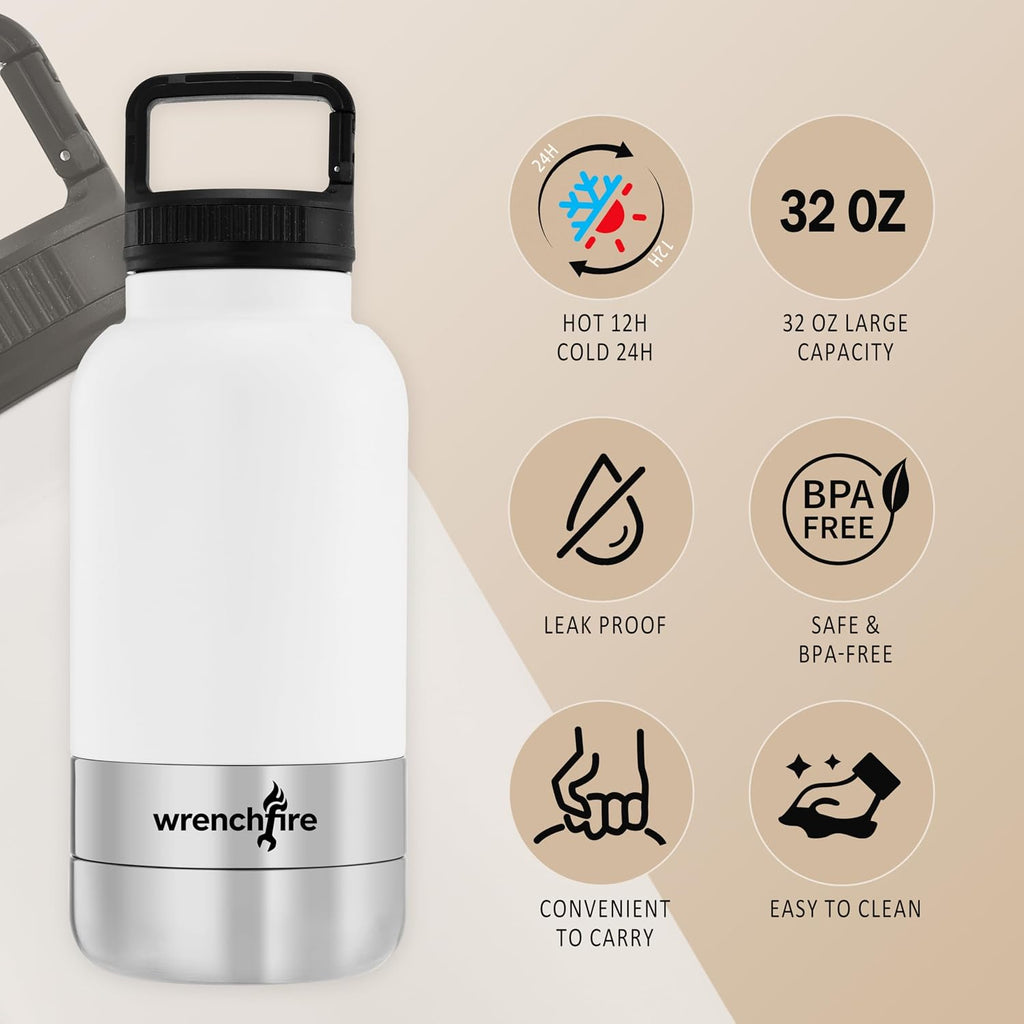 32 oz Instulated Stainless Steel Dog Water Bottle with 2 Detachable Bowls,Portable Cat Travel Dispenser with Brush for Walking Hiking Camping,White