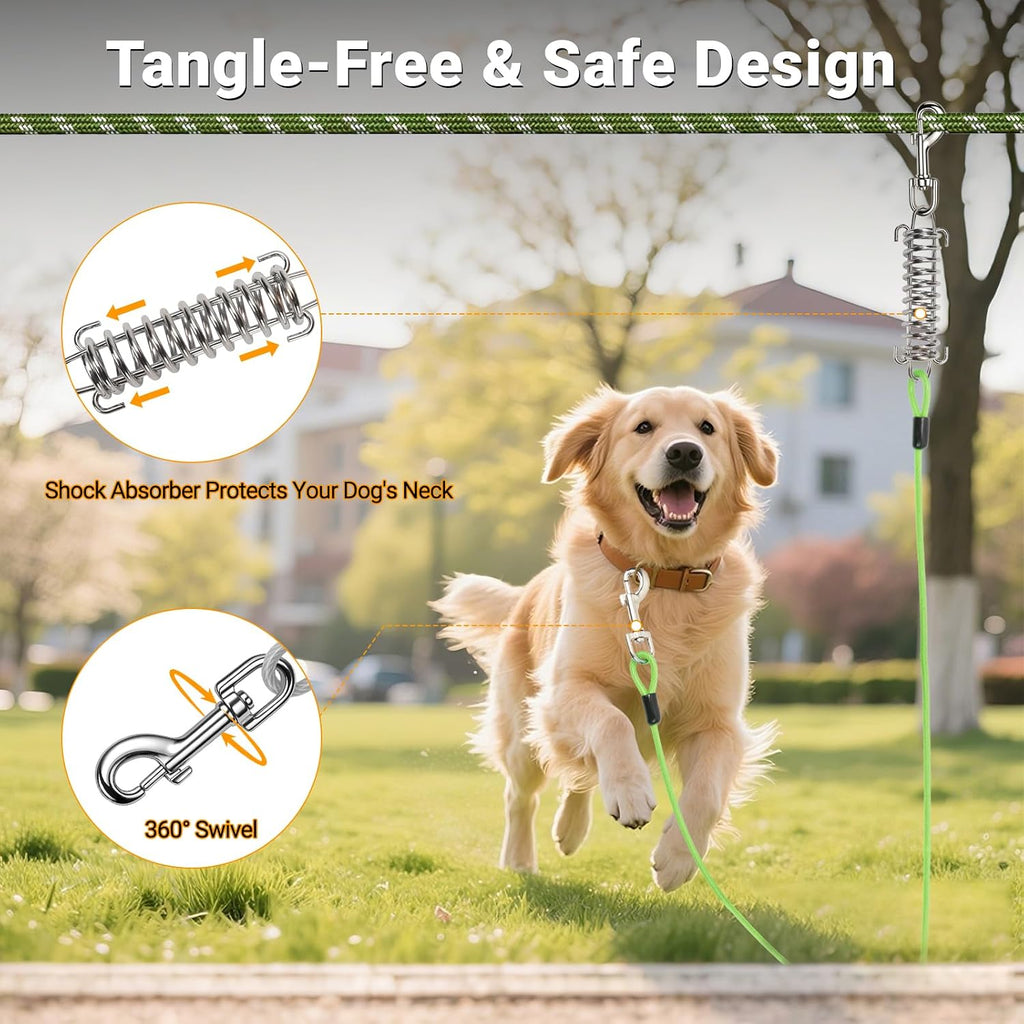 Dog Runner Trolley Cable: 50FT Heavy Duty Zipline for Yard & Camping with 10Ft Tie-Out & Shock Spring - Up to 200LBS